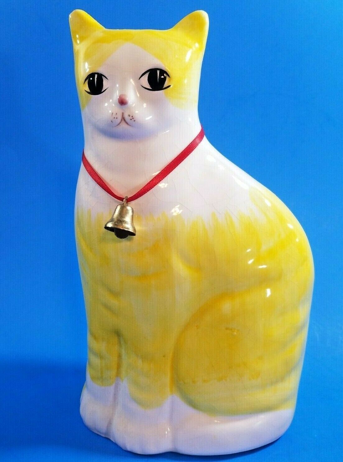 Vintage Sitting Yellow Cat Porcelain Ceramic Crackle Coin Bank Still W Bell 8.5\