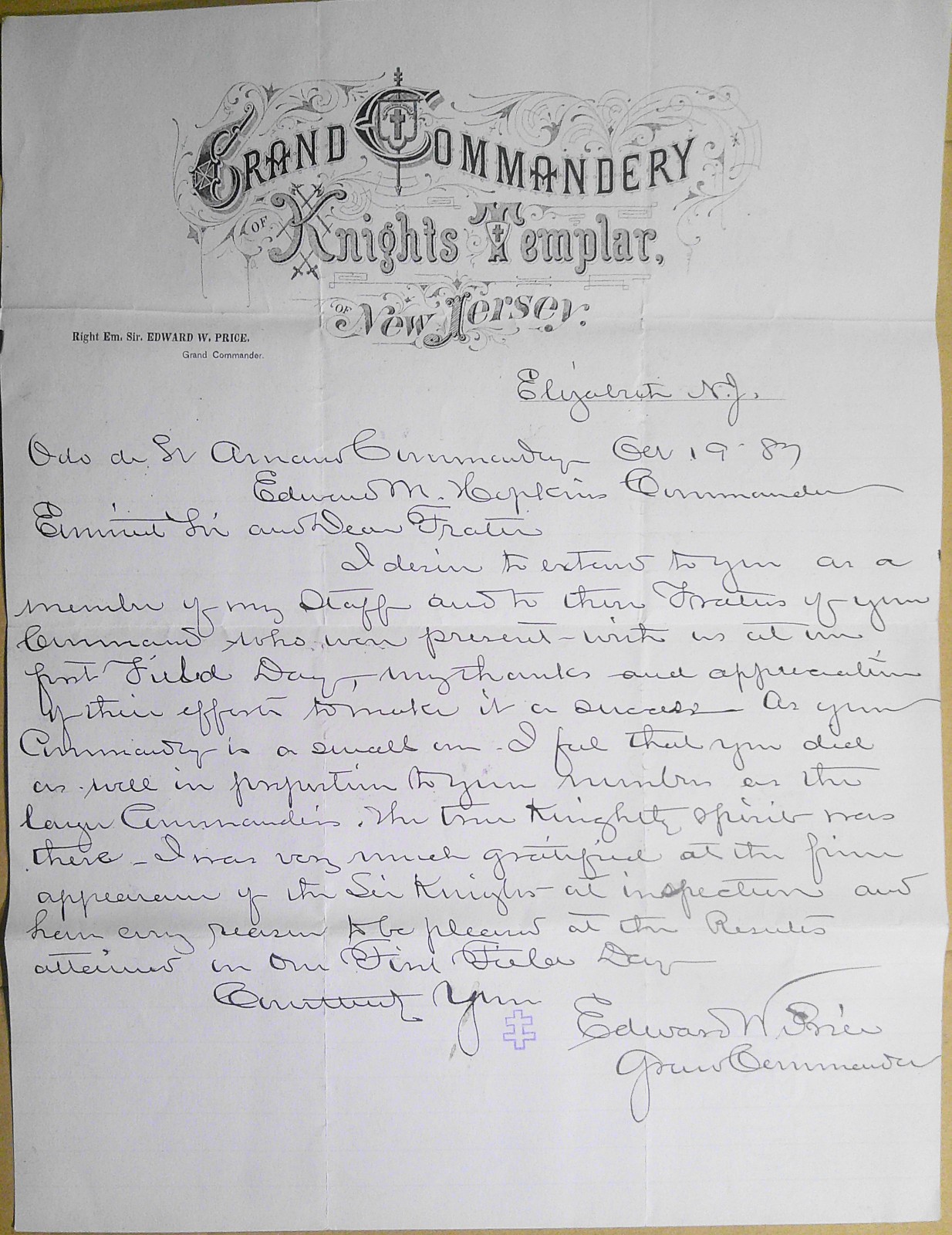 1887 Grand Commandery NJ Knights Templar Letter Elizabeth Field Day Price Mason 1887 Grand Commandery NJ Knights Templar Letter Elizabeth Field Day Price Mason
