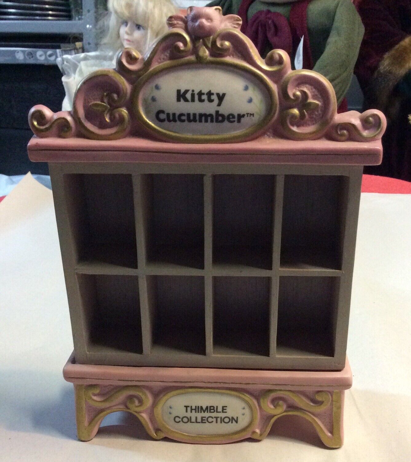 VTG SCHMID KITTY CUCUMBER THIMBLE COLLECTION MUSICAL DISPLAY. 9.5” Height.