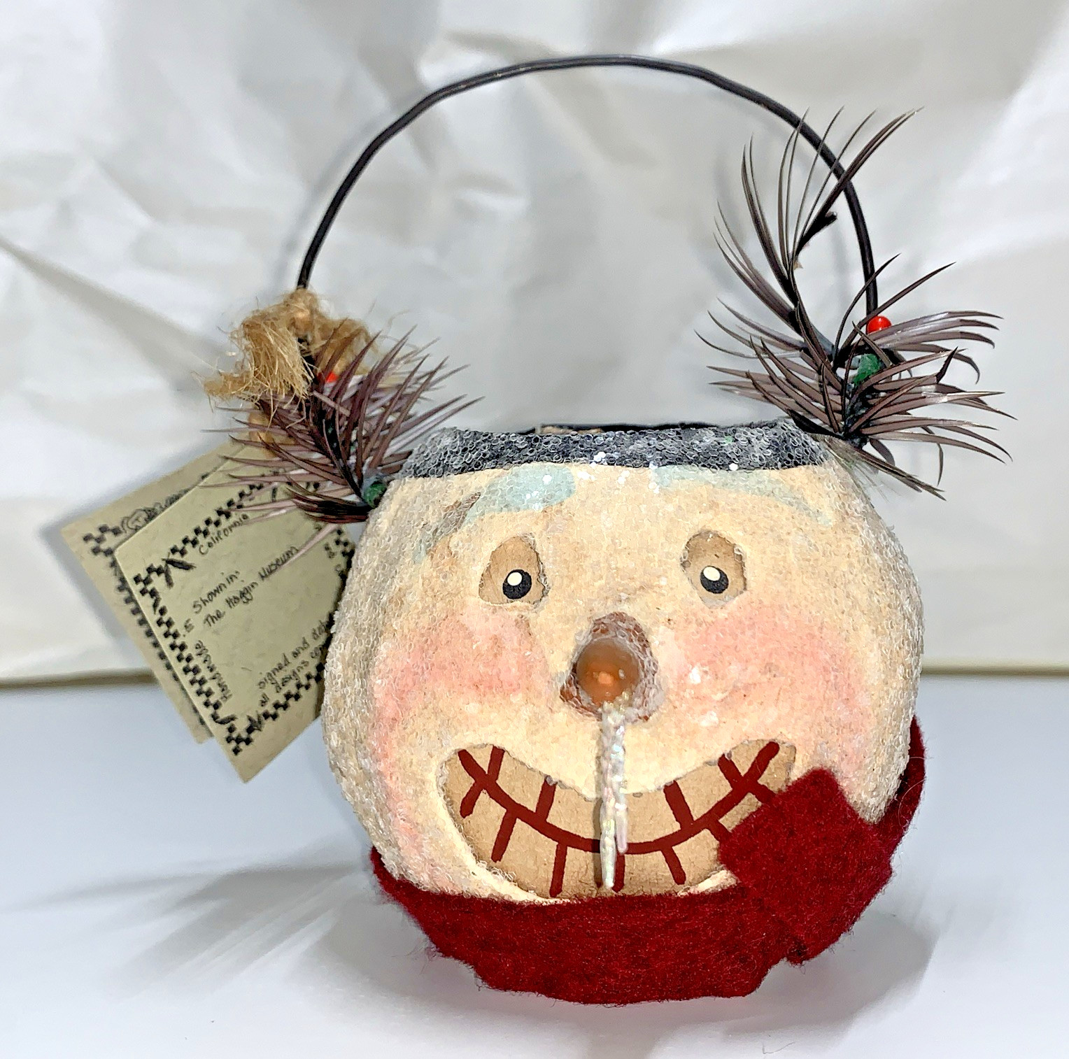 1990\'s Virginia Bertourne Primitive Folk Art - Jack-o-lantern ornament - Signed