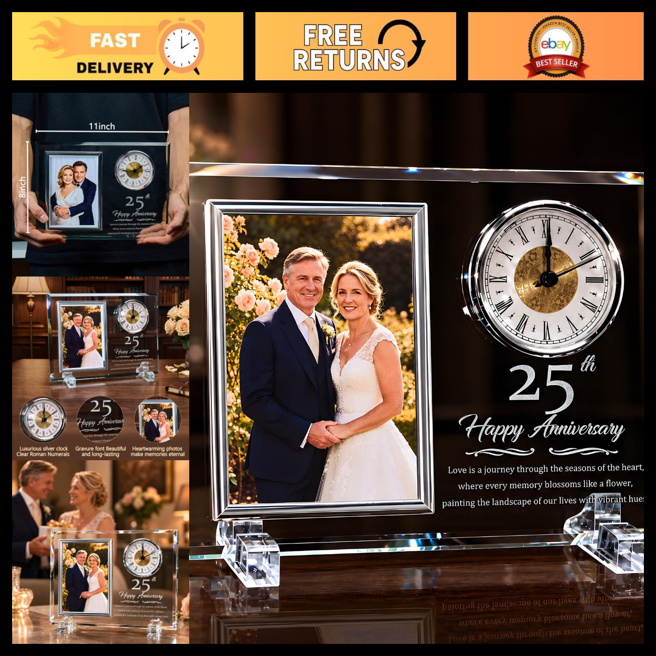 25th Wedding Anniversary Keepsake - Crystal Glass Photo Frame Clock, Silver Gift