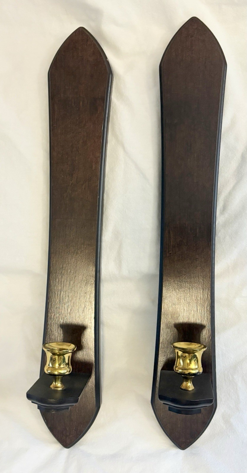 Vintage Home Interiors Wall Sconces Cherry Wood Brass Gold Trim Set Of Two