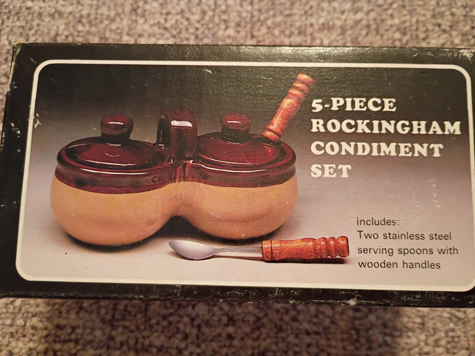 Stoneware Double Condiment Brown Crock Set With Spoons. New Old Stock Vintage 