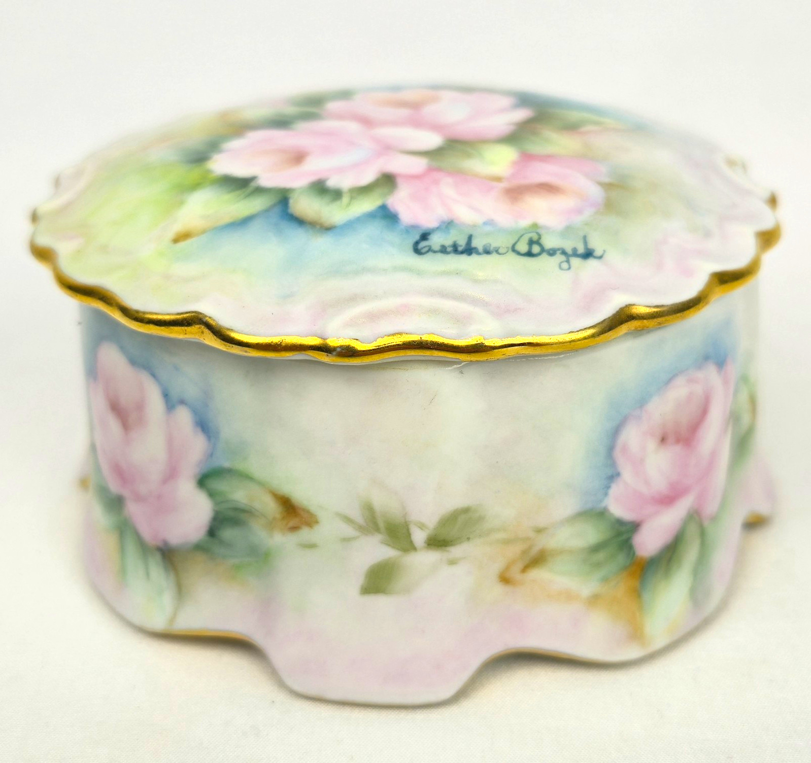 Vintage Hand Painted Porcelain Scalloped Trinket Box Pink Roses Esther Bozek