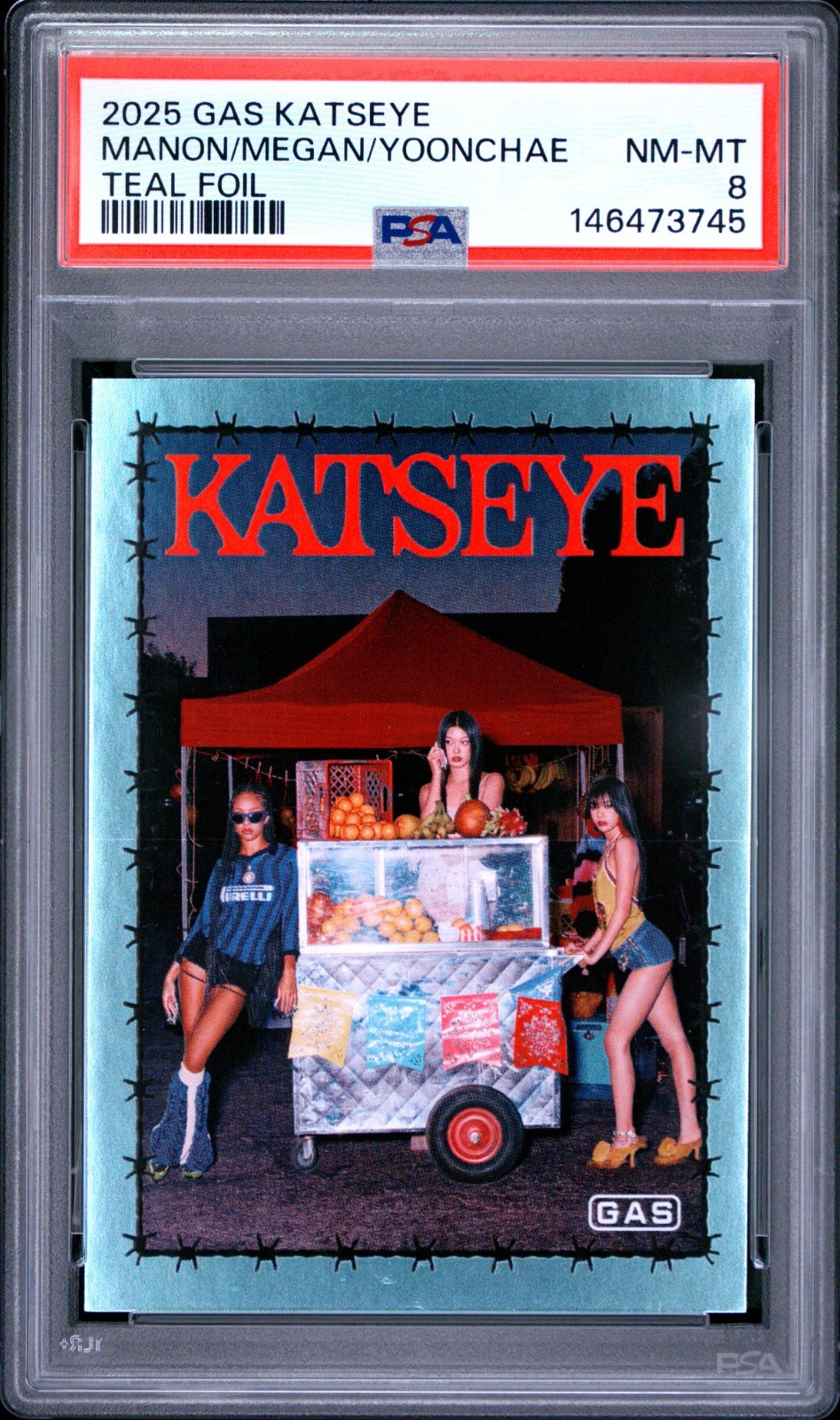 Katseye Manon Megan Yoonchae 2025 GAS Trading Cards Teal Foil 6/10 PSA 8 RC Katseye Manon Megan Yoonchae 2025 GAS Trading Cards Teal Foil 6/10 PSA 8 RC