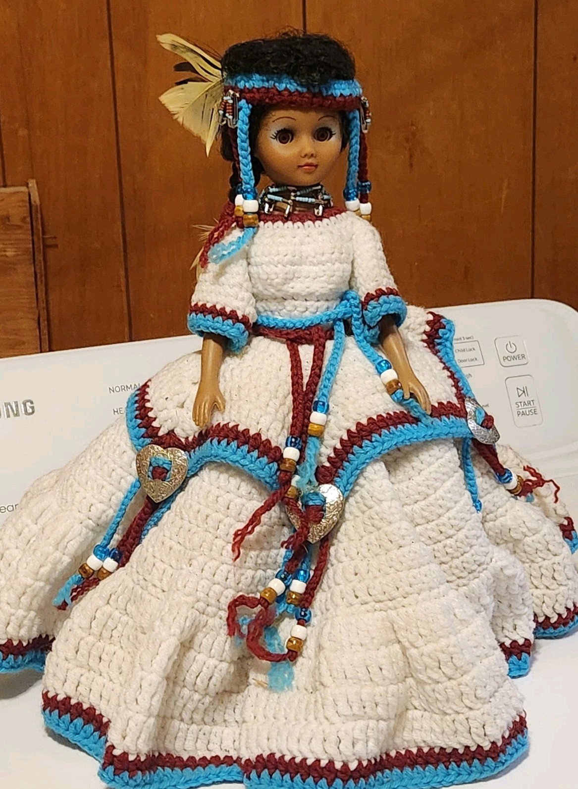 Vintage Indian Native American Princess Doll with Crocheted Ornate Dress Toy 