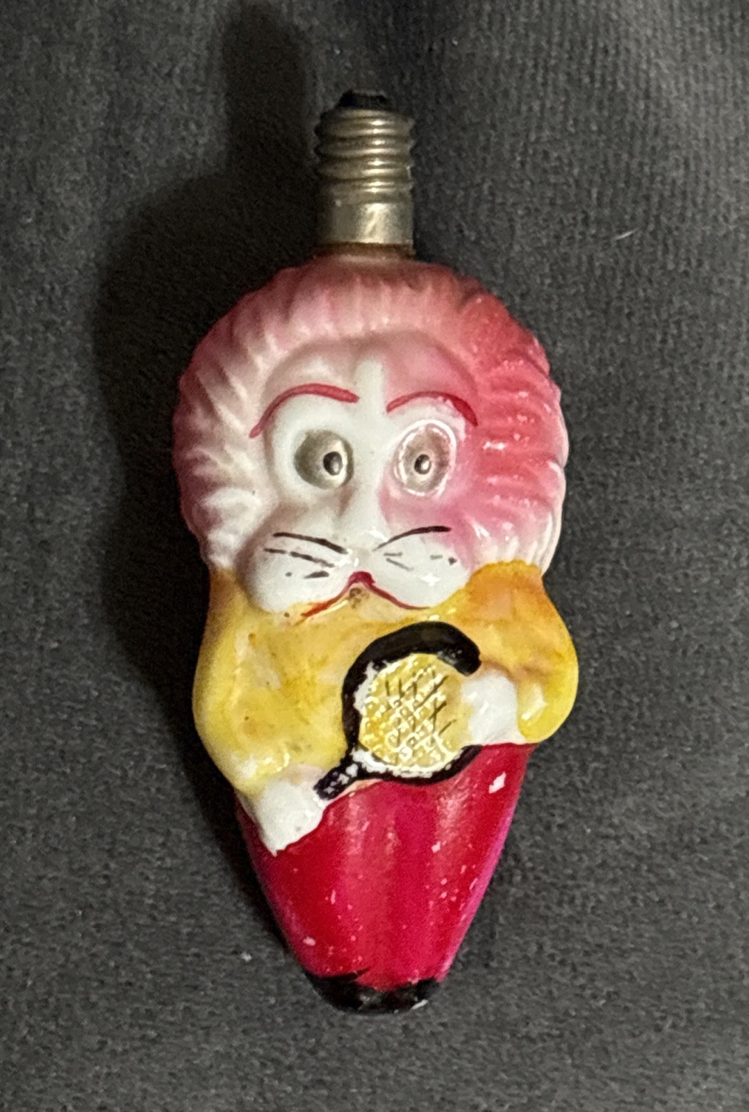 ANTIQUE FIGURAL MILK GLASS CHRISTMAS ORNAMENT 1920’S LION RAQUET HAND PAINTED