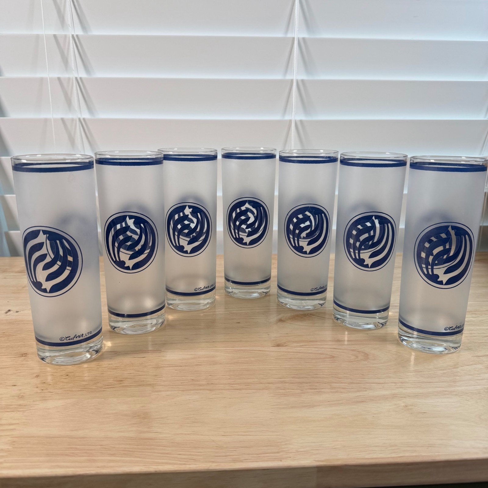 VTG Culver Blue Kamon Pattern Frosted Tom Collins Drinking Glasses Lot of 7 MCM