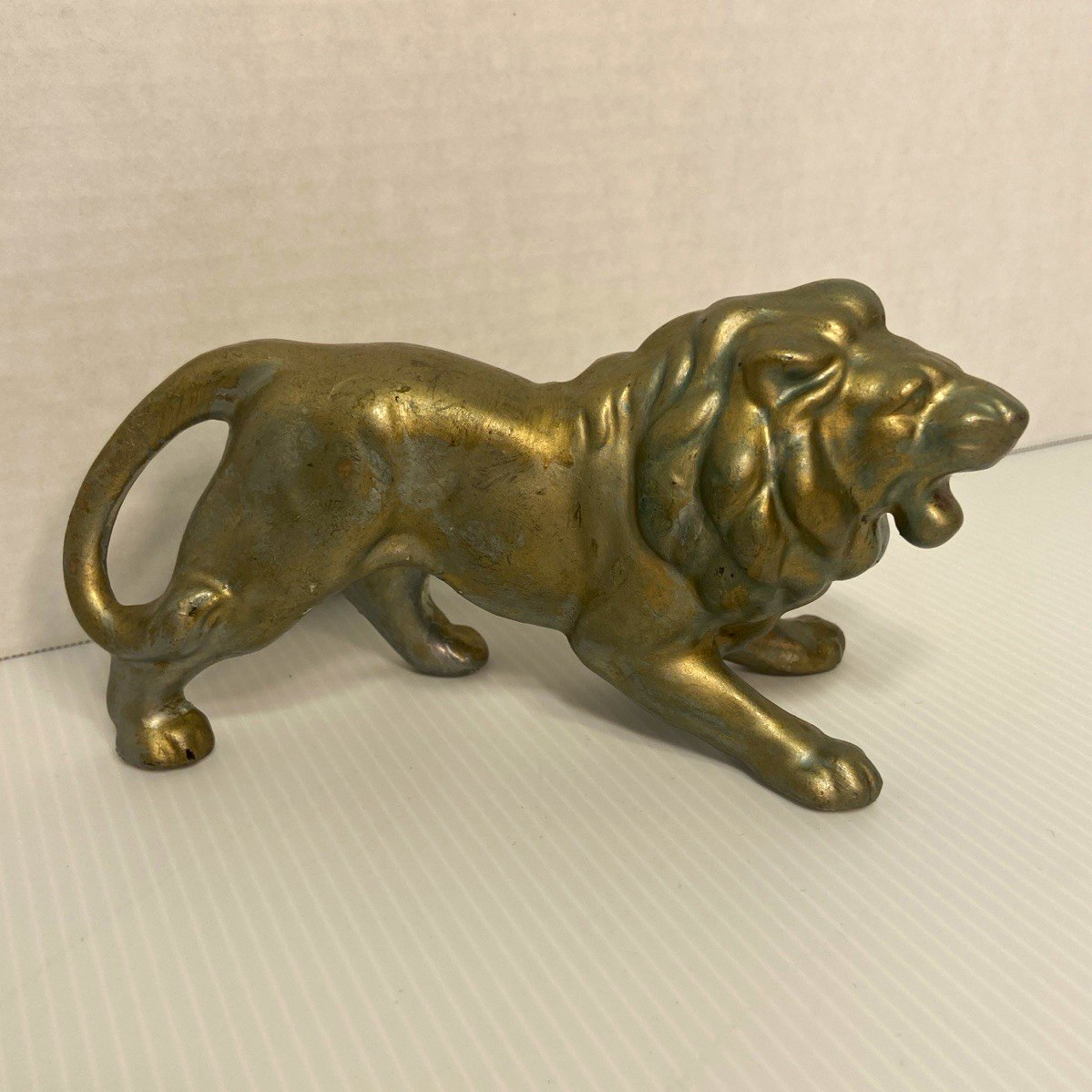 Vintage 6.5” Hollow Metal Roaring Lion Figurine Gold/ Faux Brass Tone