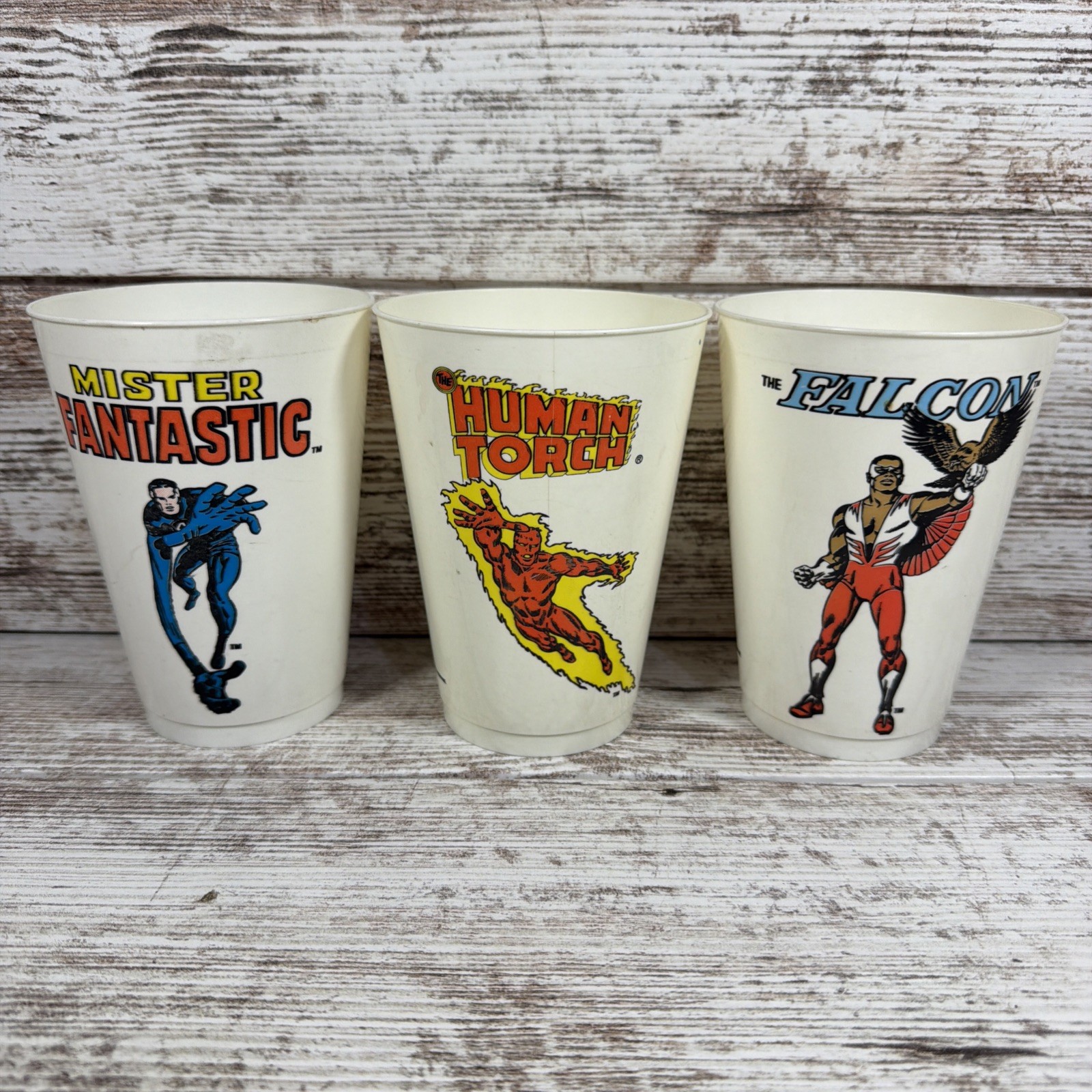 Marvel 7-11 Slurpee Cups (Lot of 3) Mister Fantastic Human Torch Falcon (1975) Marvel 7-11 Slurpee Cups (Lot of 3) Mister Fantastic Human Torch Falcon (1975)
