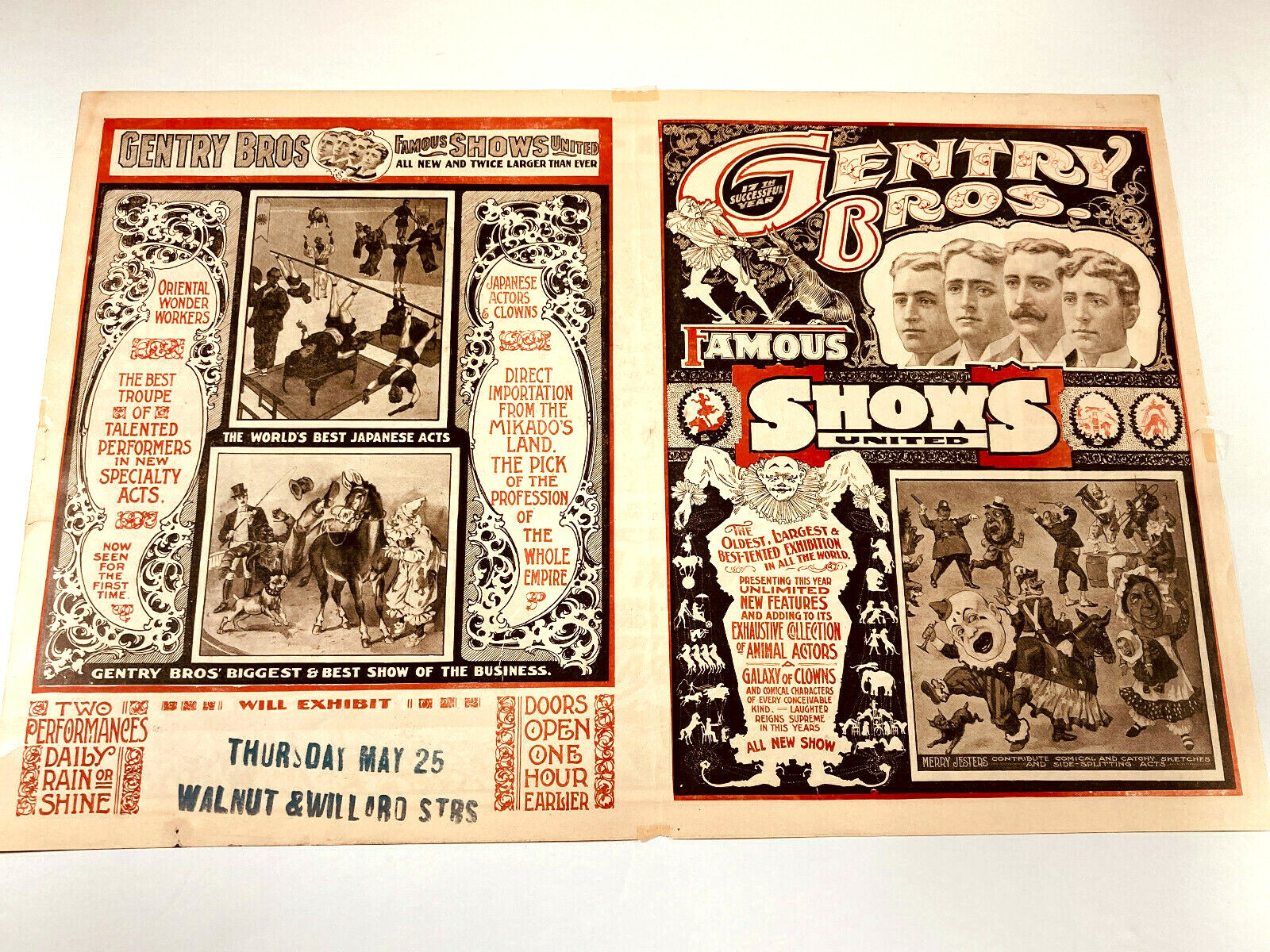 Antique LRG Gentry Bros Circus Carnival Poster Program VERY NICE courier