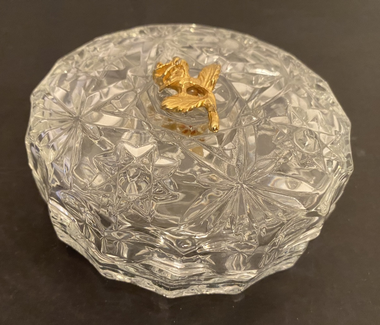 Vintage 60s Hollywood Regency Pressed Cut Glass Vanity Trinket Dish Jar