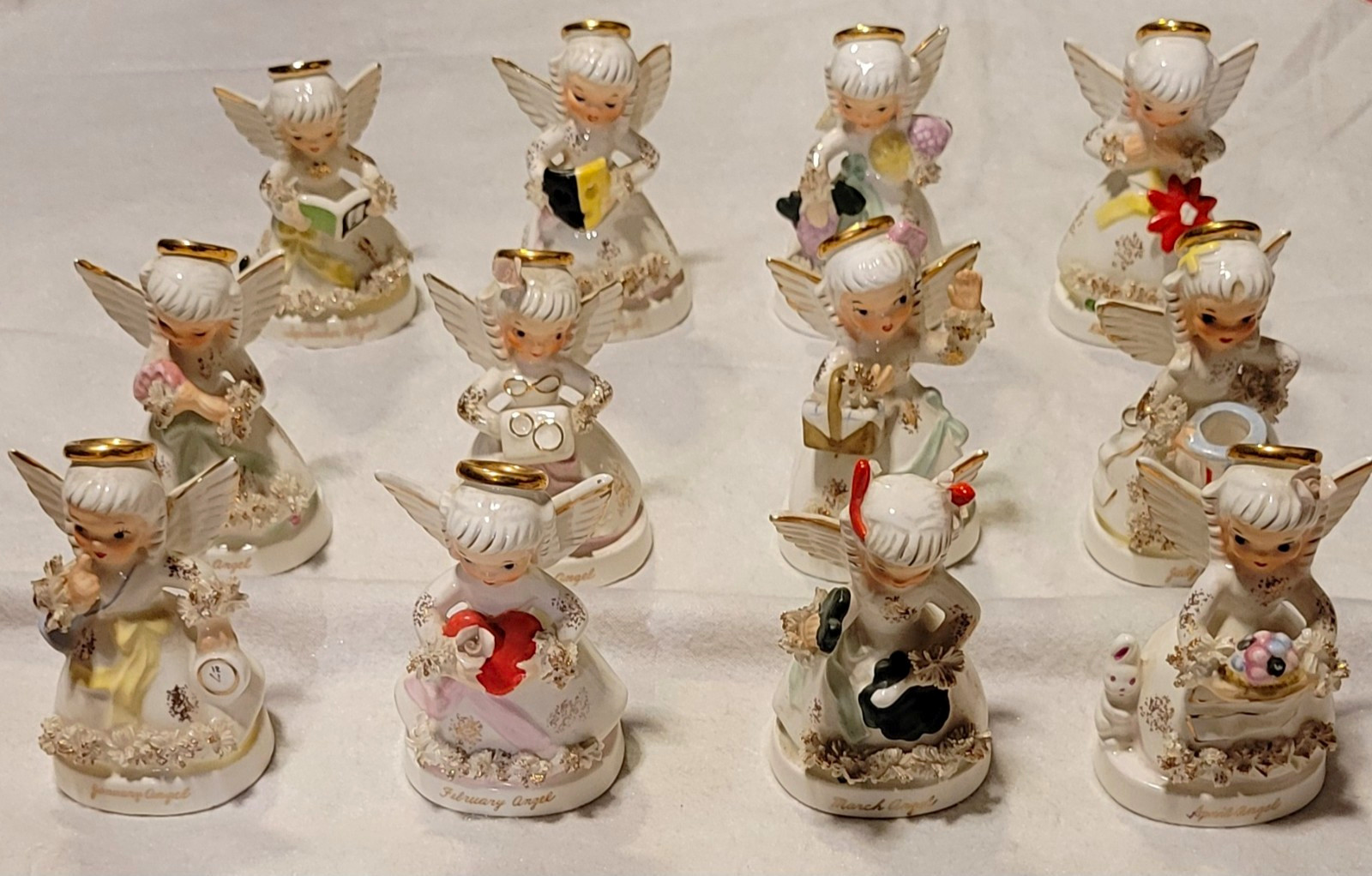 Vintage Napco Month Angels Ceramic Figurine Set of 12 White/Gold Japan