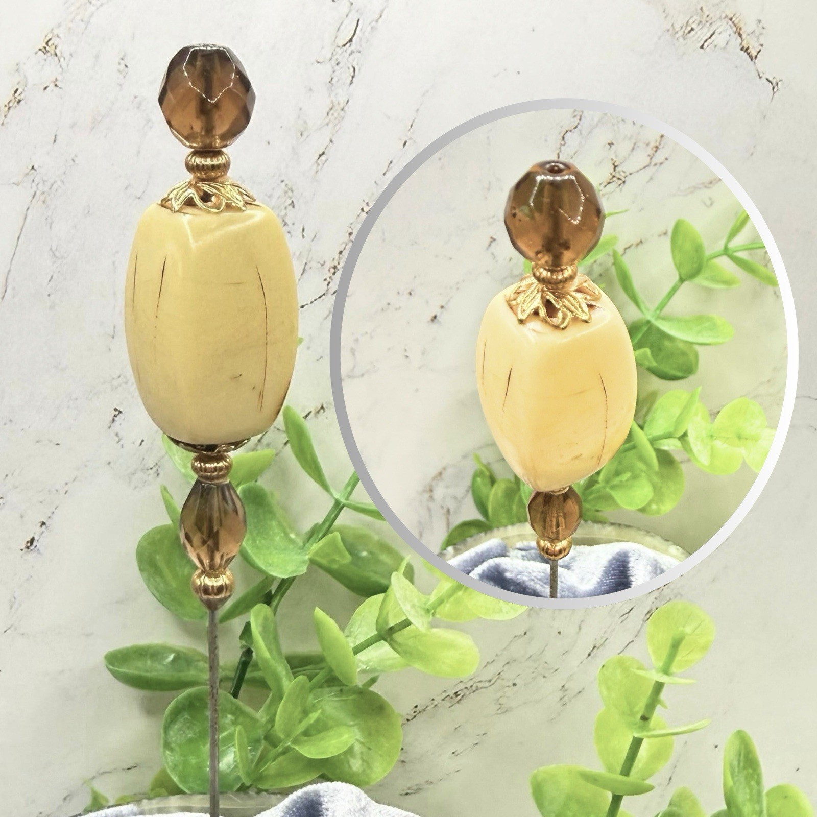Rounded Rectangular Acrylic Ivory Gold Tone Filigree Amber Glass Crystal Hatpin