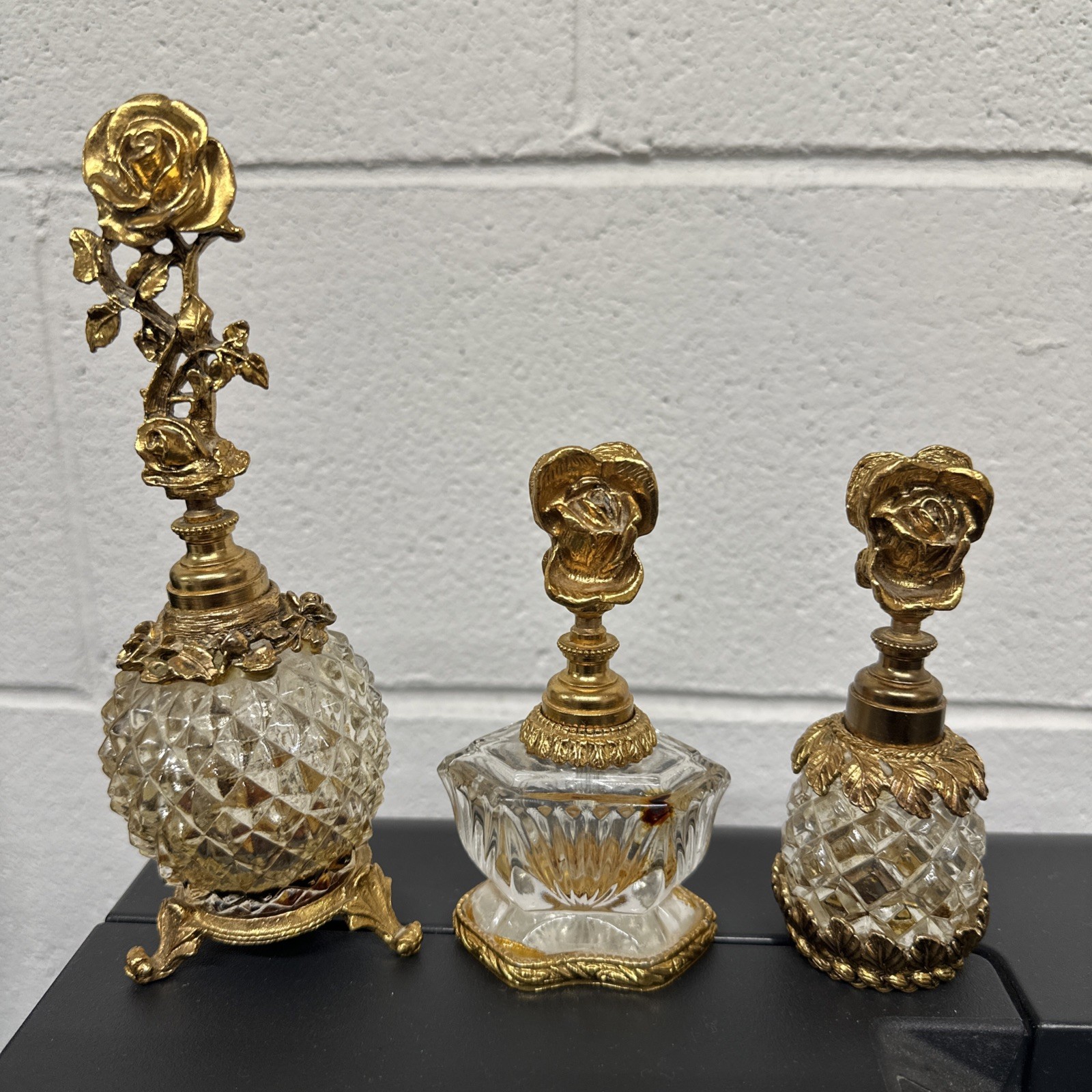 Vintage Stylebuilt Perfume Bottles Lot of 3 Ormolu Roses Glass Vanity