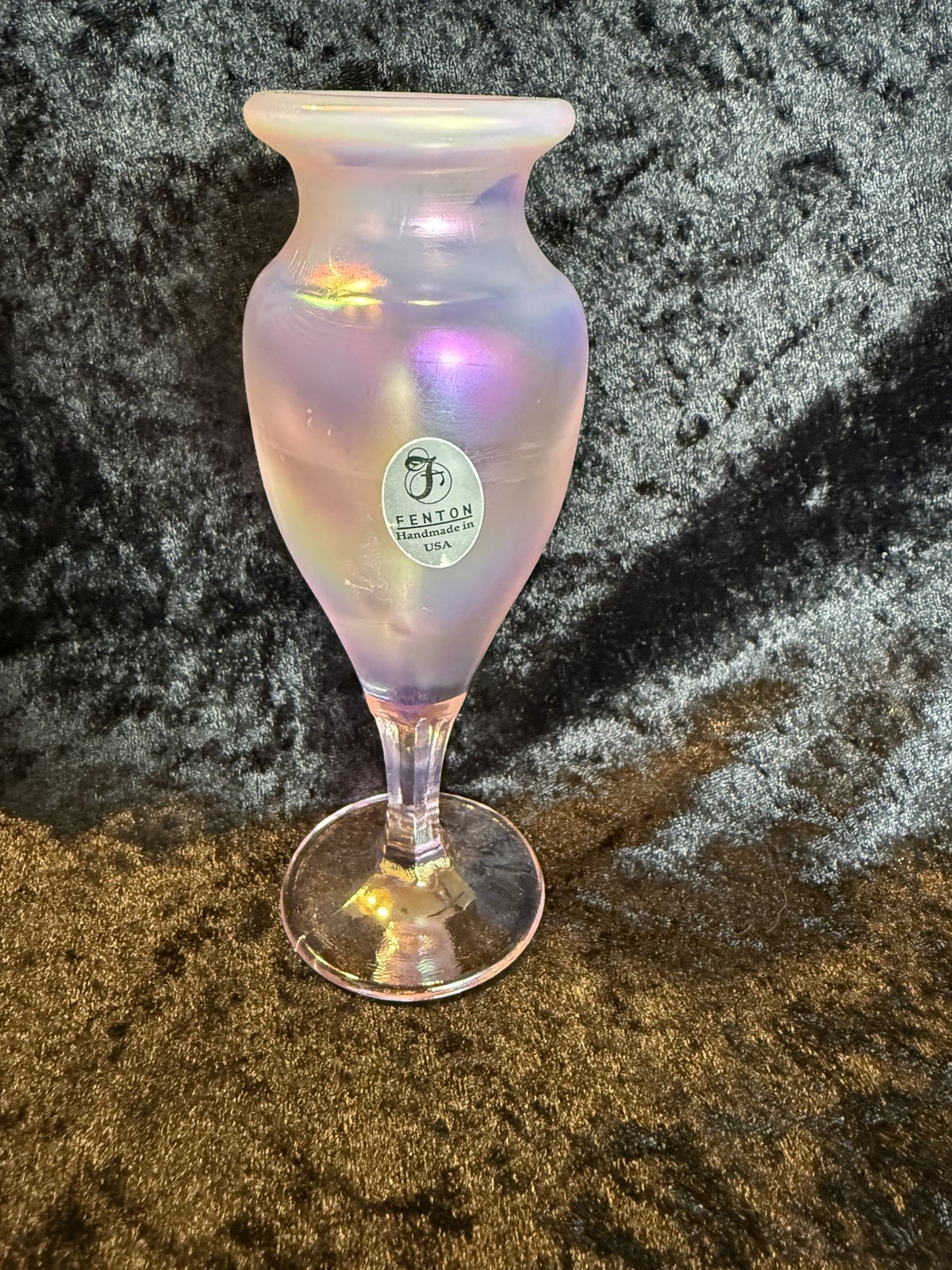 Fenton Iridescent Opalina Blush Bud Vase