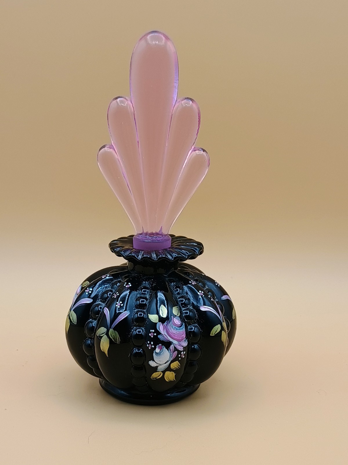 VTG Fenton Black Perfume Hand Painted Artist Signed W/Pink Stopper MINT