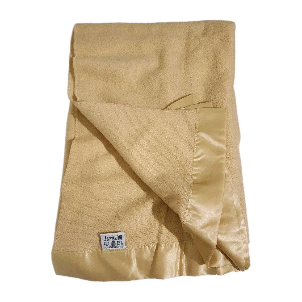 Vintage Faribo Blanket Twin Yellow 100% Wool Satin Trim USA
