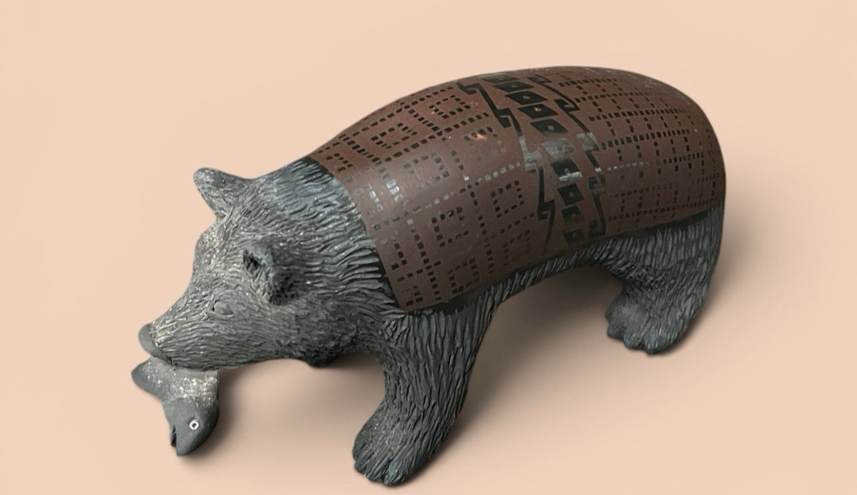 Mata Ortiz Pottery Black Bear Fish Effigy Mimbres Paquime Handmade Art Mexican