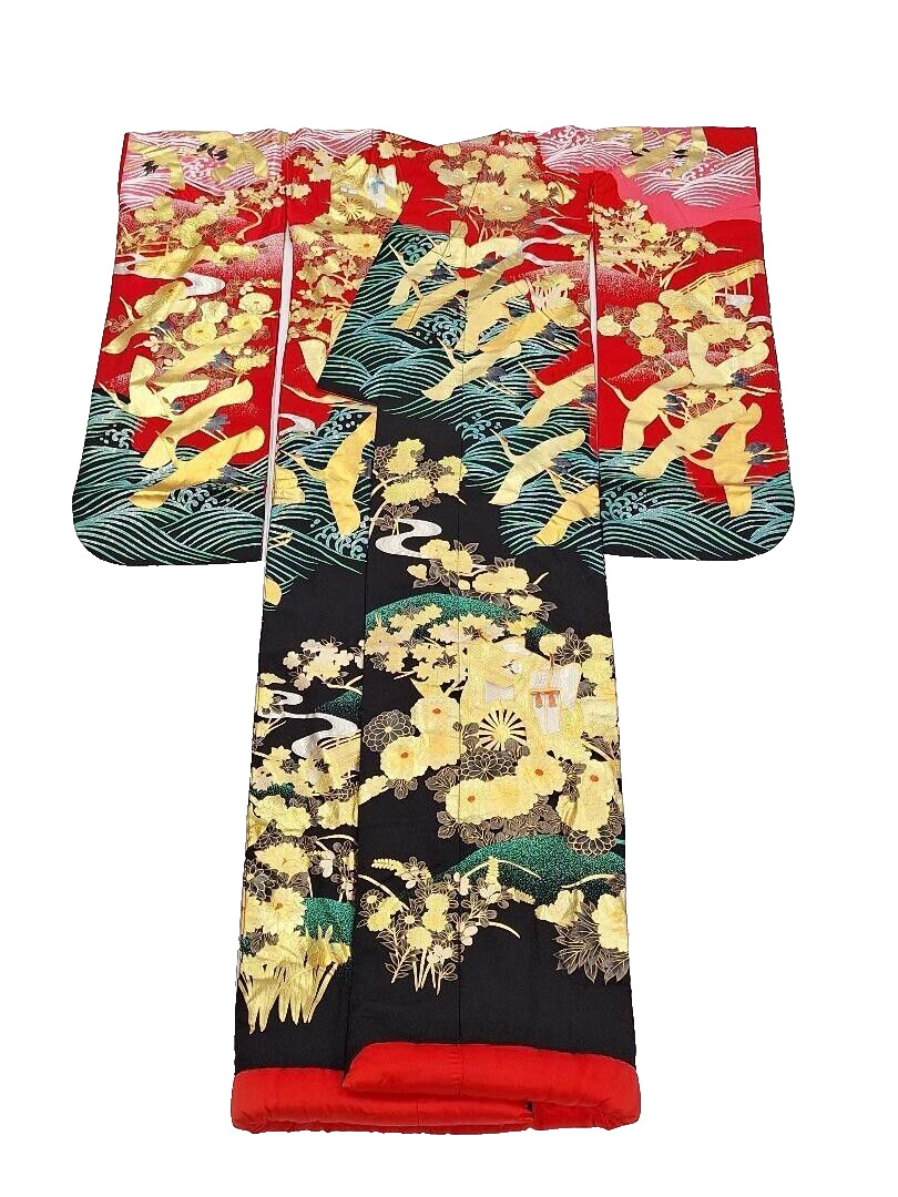 Japanese Vintage Silk Kimono Uchikake  Gorgeous Uzen Gold Crane and Flower (u12)