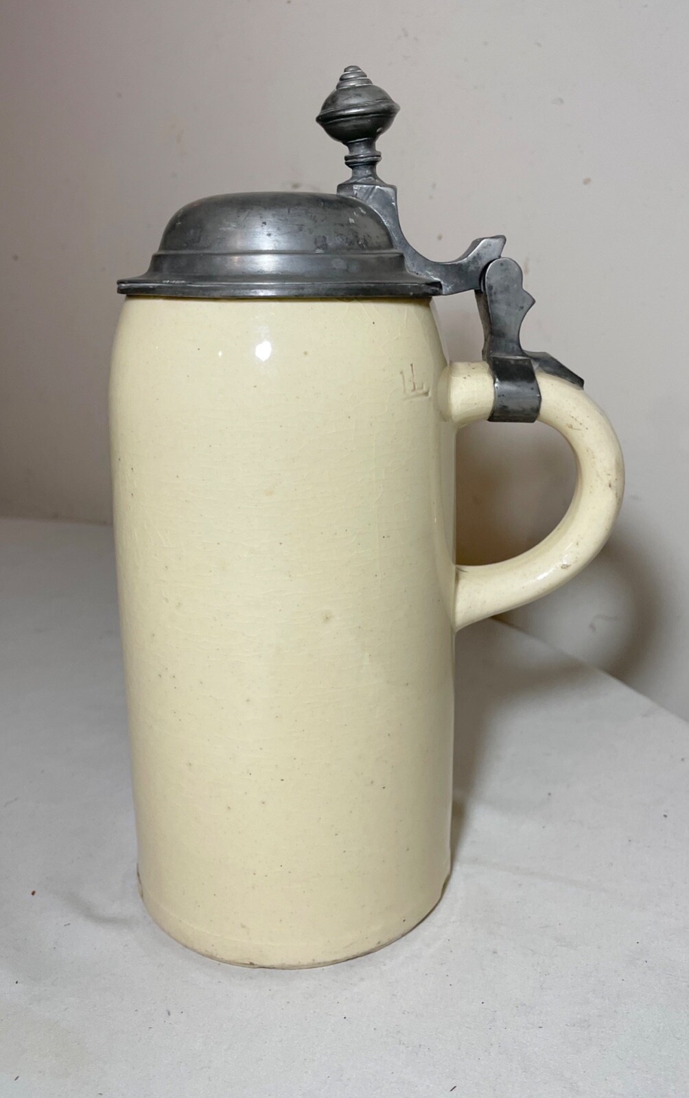 antique 1Ltr. early 1800\'s German pottery pewter lidded beer stein mug tankard