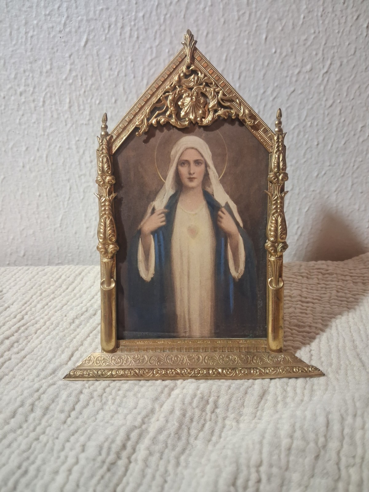 Vintage Immaculate Heart of Mary Gold-Toned Metal Shrine Filigree 