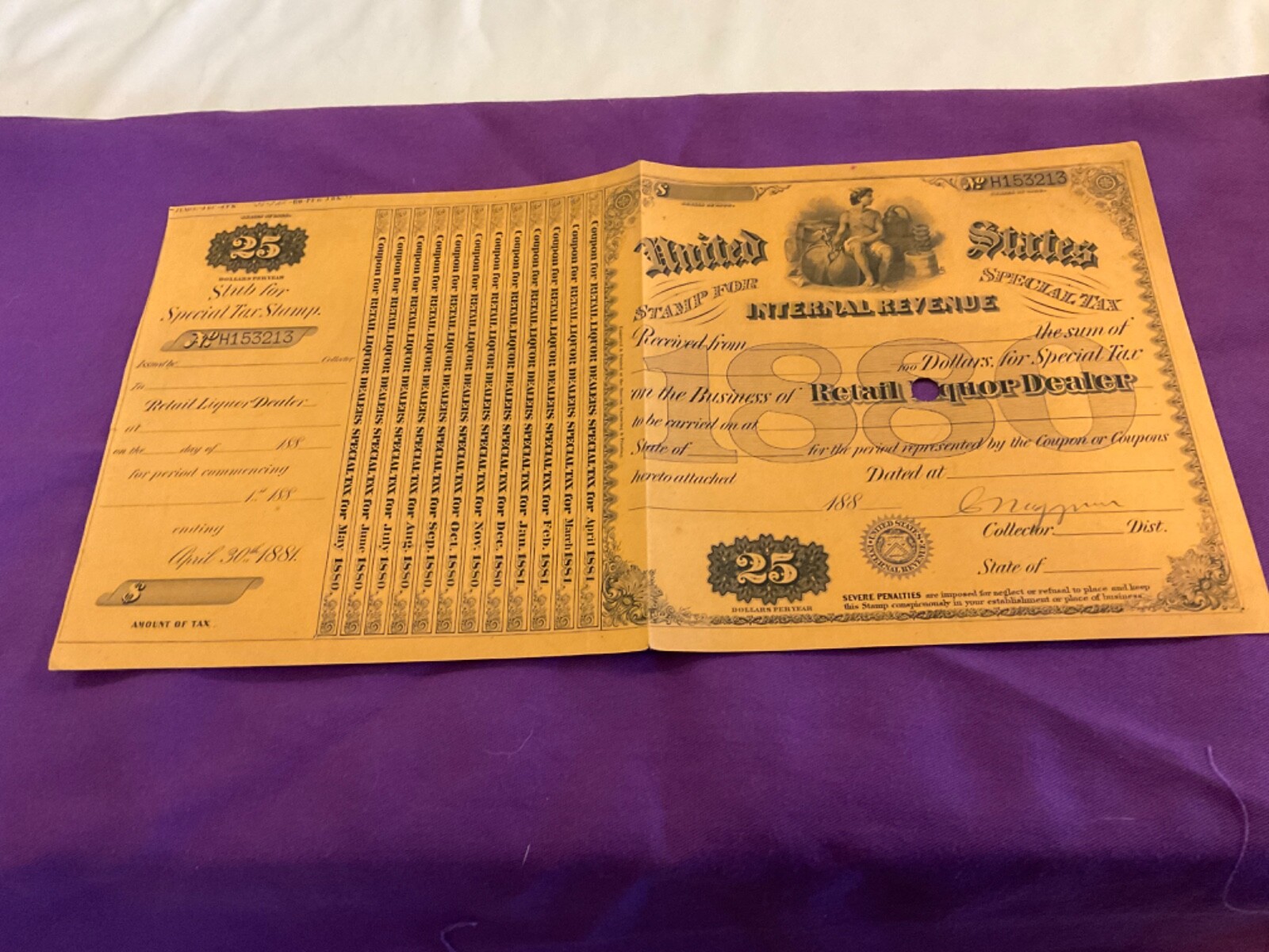 UNITED STATES LIQUOR DEALER REVENUE CERTIFICATE ENDING APRIL 1881 ART WORK 1723