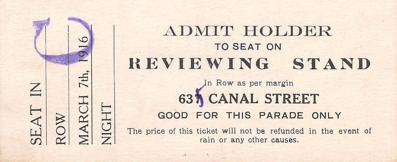 1916 MARDI GRAS Reviewing Stand PARADE TICKET  Canal St New Orleans