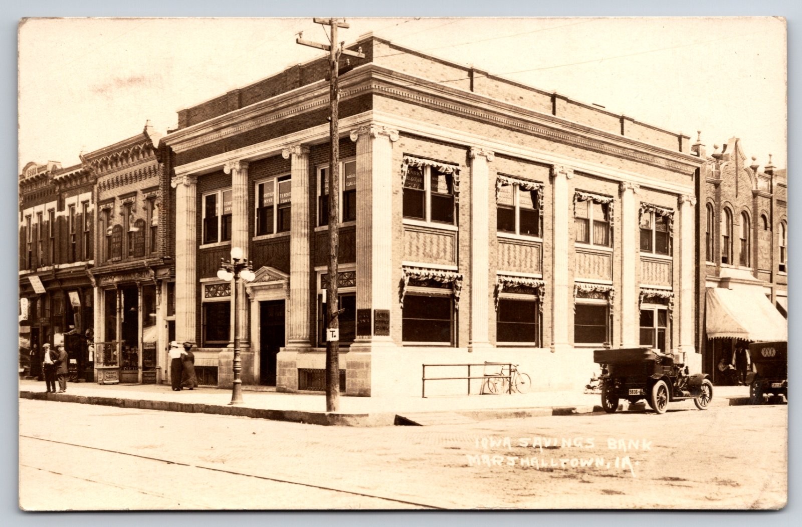 Marshalltown Iowa Savings Bank Automobile Street View Real Photo RPPC