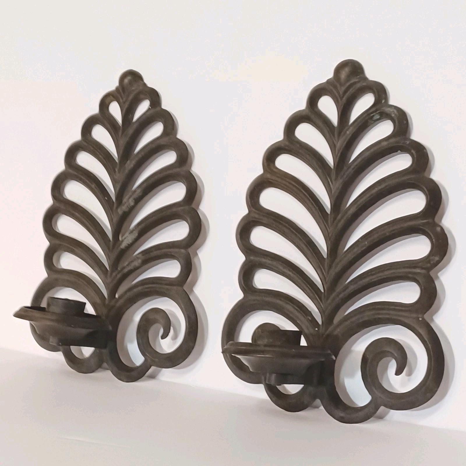 Art Deco Leaf Shaped Brass W/ Dark Bronze Patina Wall Candle Sconces 