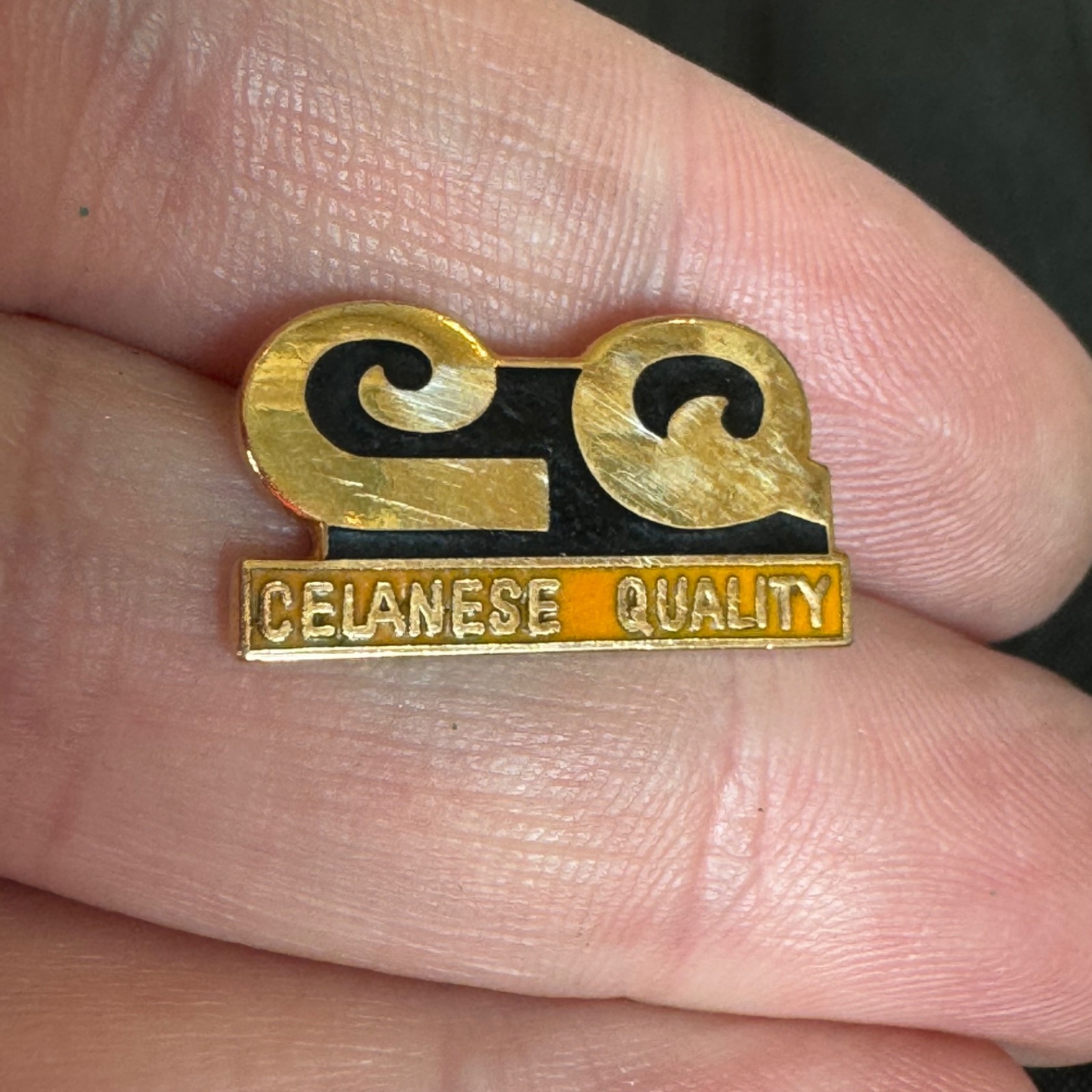 Celanese Quality Lapel Pin CQ Gold Black Logo Enamel Corporation Celanese Quality Lapel Pin CQ Gold Black Logo Enamel Corporation