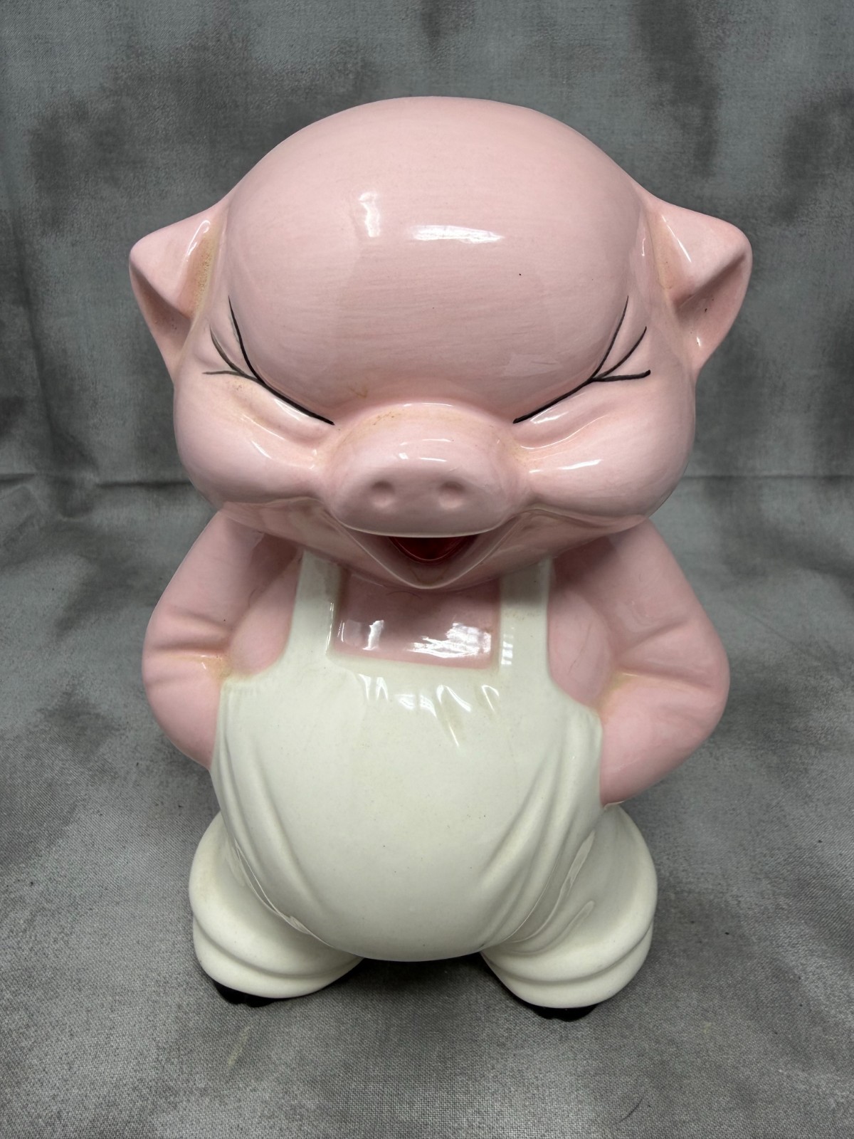 Vintage 1982 Alice Ceramic Piggy Bank Donna Byom Pink Pig White Overalls