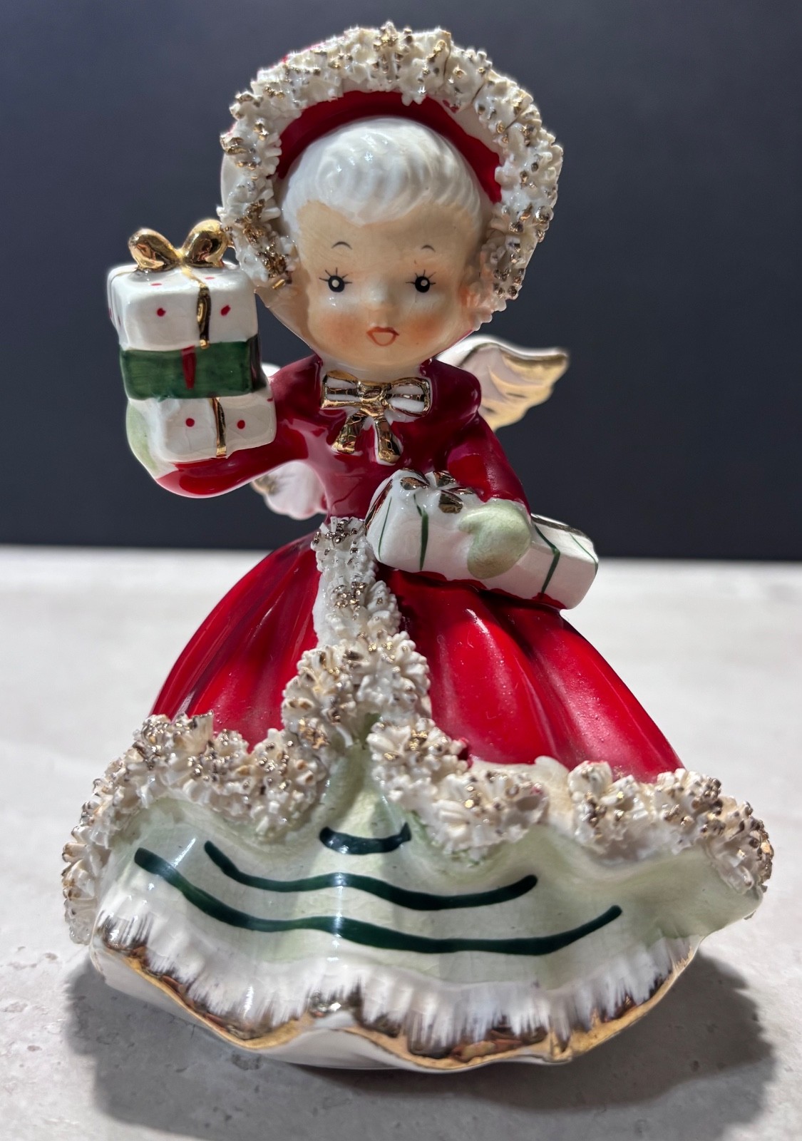 Vintage Napco Christmas Angel Girl Figurine Presents Spaghetti Trim Japan Vintage Napco Christmas Angel Girl Figurine Presents Spaghetti Trim Japan