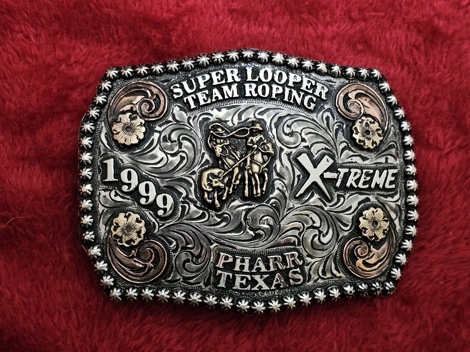 Team Roping☆1999☆ X~Treme Rodeo Champion☆TROPHY BUCKLE☆Pharr Texas☆Rare☆R22