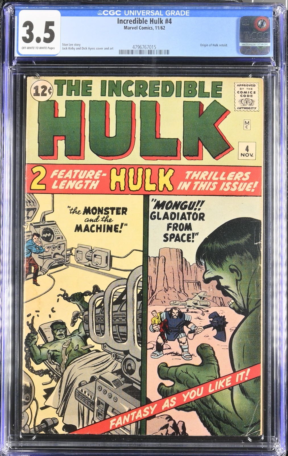Incredible Hulk #4 CGC 3.5 (1962) Origin of Hulk Retold Stan Lee Marvel Comics