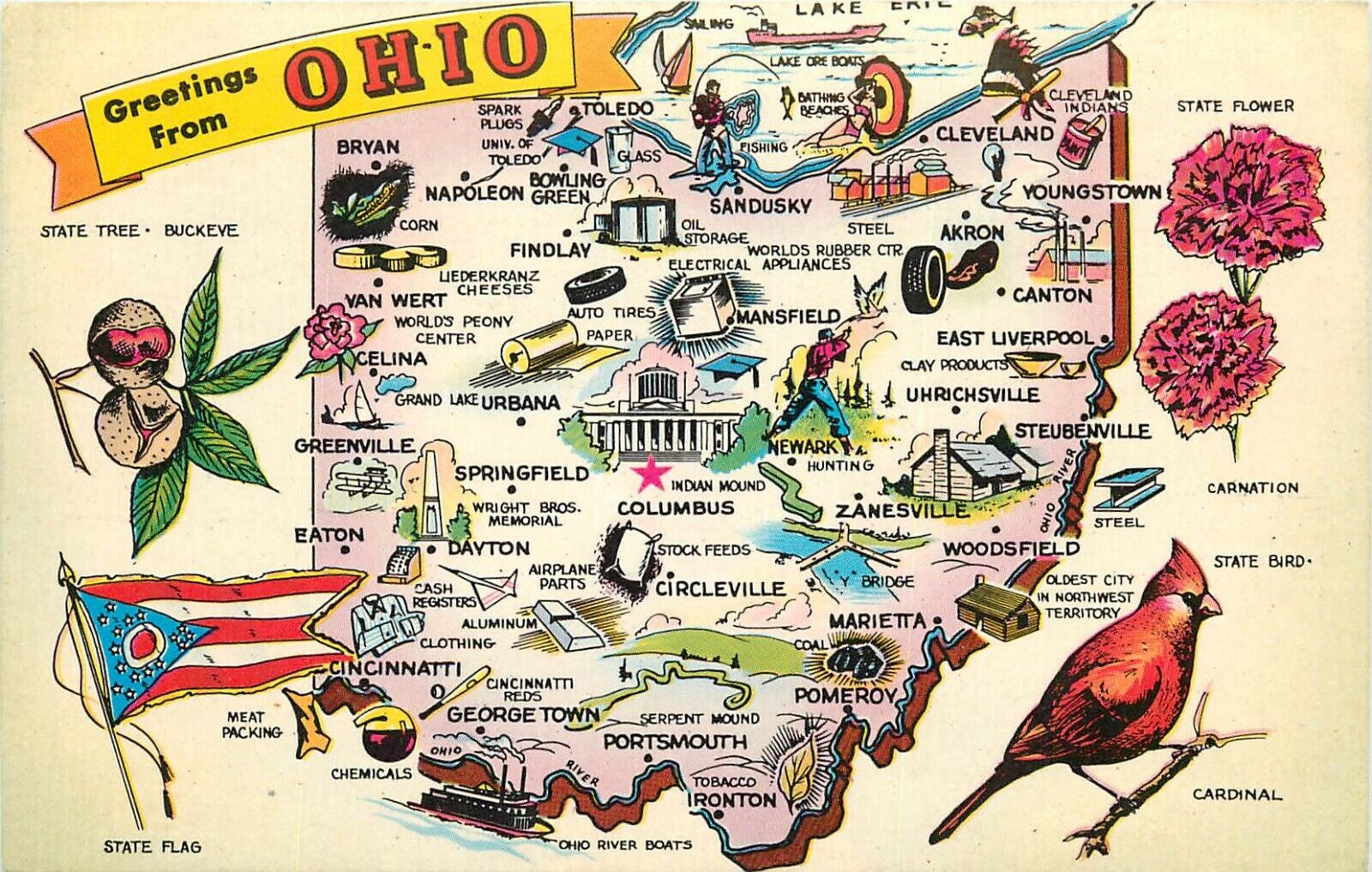 Greetings from Ohio Map OH 1950's Postcard
