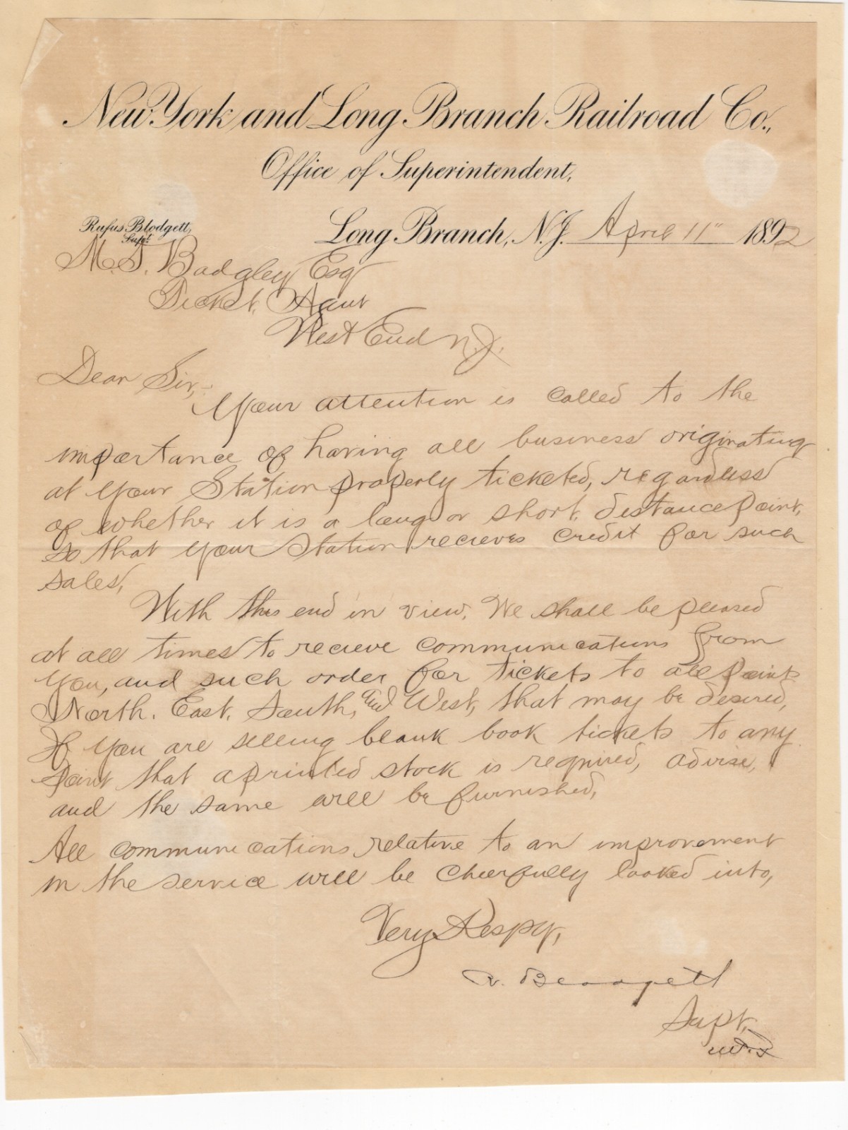 1892 New York & Long Branch Railroad Letter Senator Rufus Blodgett West End NJ