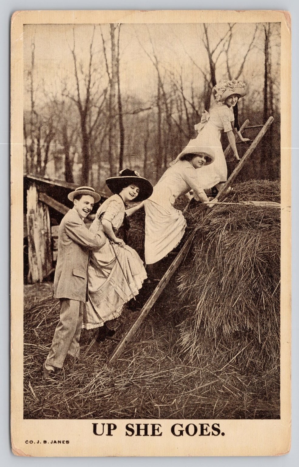 RPPC Up She Goes Hay Bale Climb Vintage Real Photo Postcard CO. J. B. JANES RPPC Up She Goes Hay Bale Climb Vintage Real Photo Postcard CO. J. B. JANES