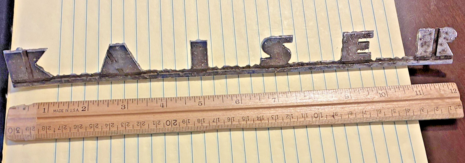 Vintage KAISER Script Chrome Badge Fender Emblem - MEASURES 12 INCHES LONG