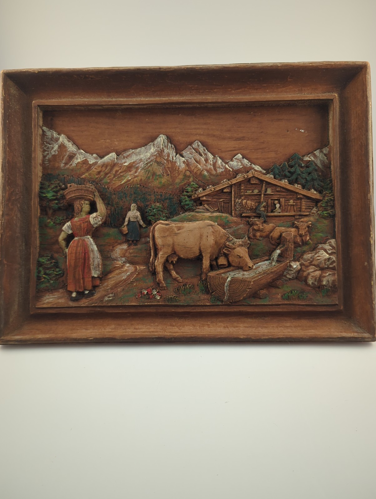 Vintage SIC French Carved Wood Relief Plaque Alpine Farm Cow Folk Art 19