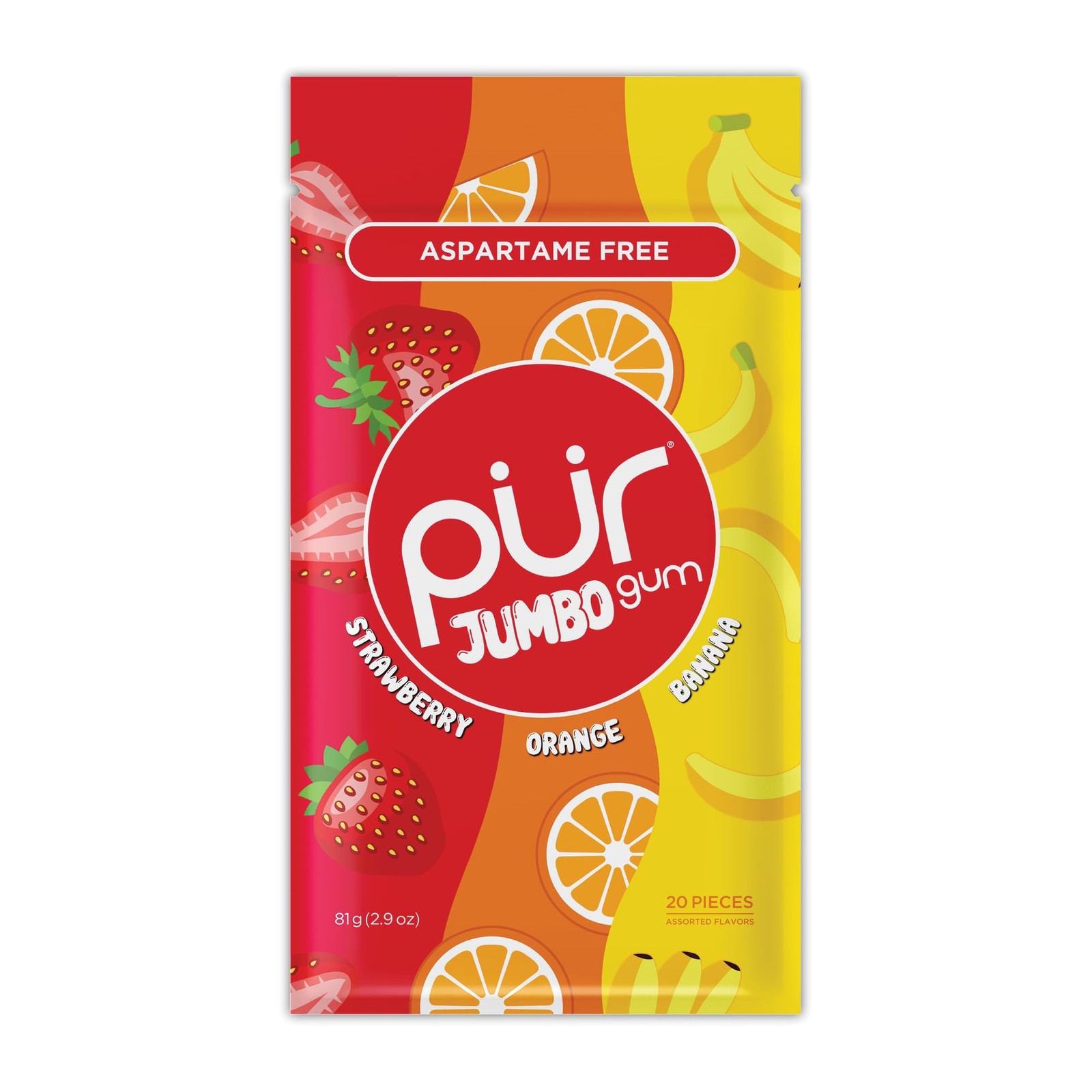 PUR Jumbo Gum | Aspartame Free Chewing | 20 Count (Pack of 1), Fruit Mix