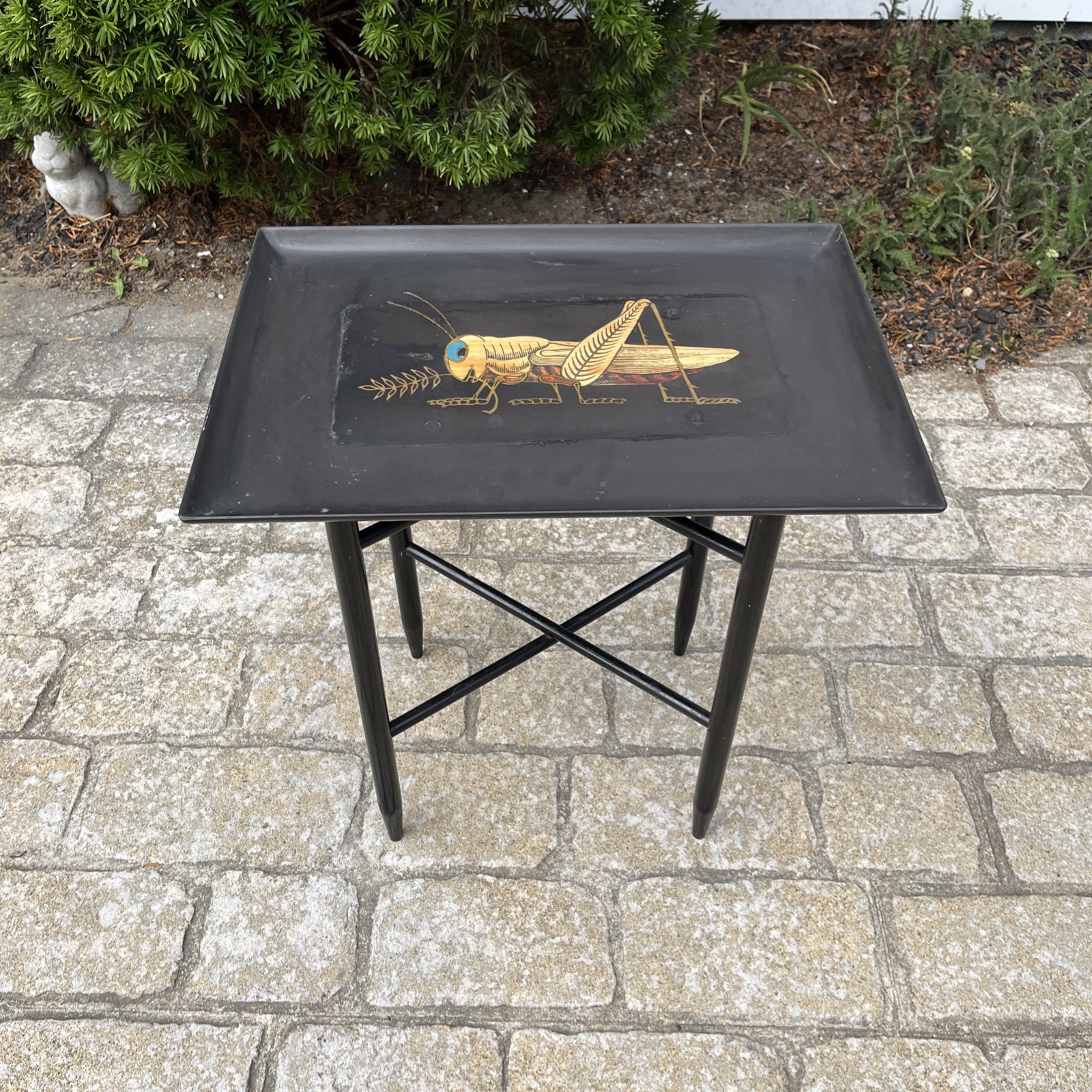 Vtg COUROC LARGE Black Resin Inlay Tray Table GRASSHOPPER 18”x12.5” RARE MCM