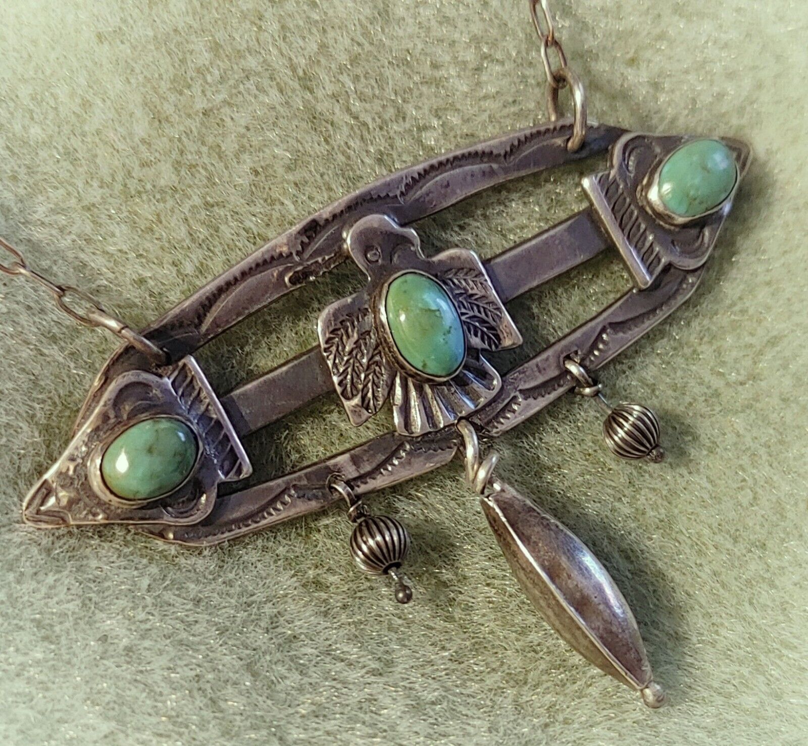 Fred Harvey Era Silver Green Turquoise Thunderbird Arrow Navajo Necklace