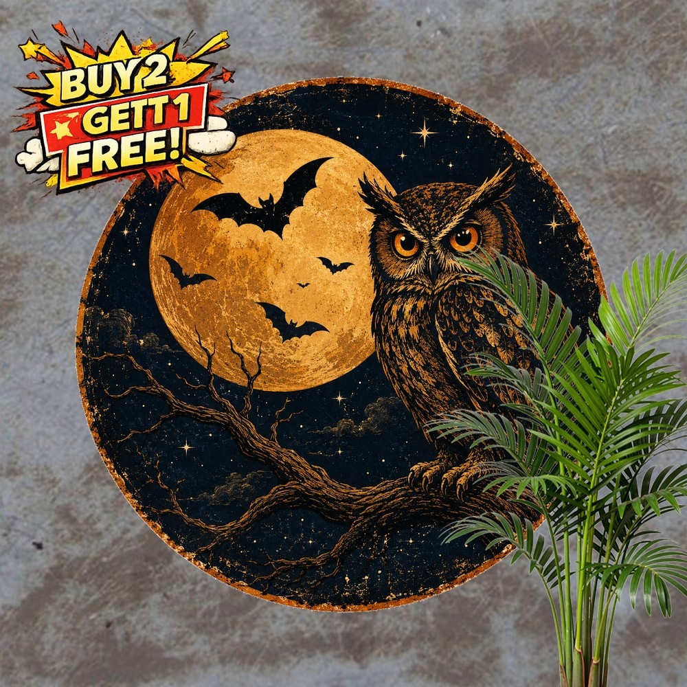 Halloween Owl Moon Bat Spooky Art Metal Tin Sign Round Wall Decor Plaque 8x8