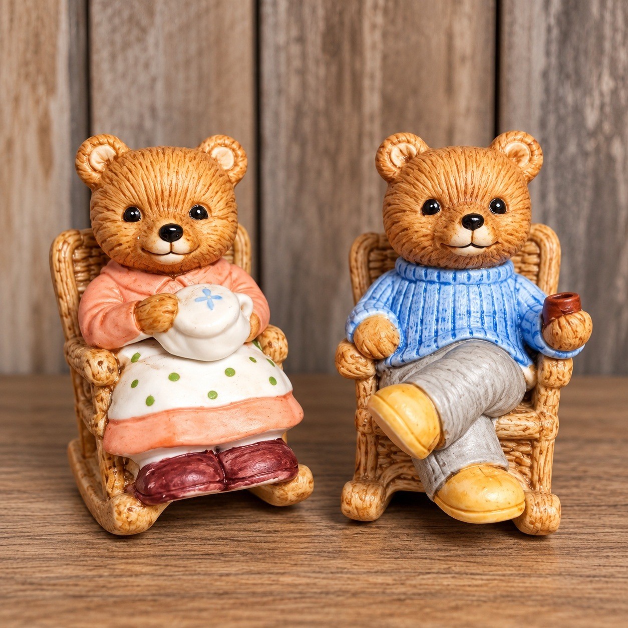 Vintage Homco Bear Figurines Set of 2 1470 Rocking Chair Grandma Grandpa Kitschy
