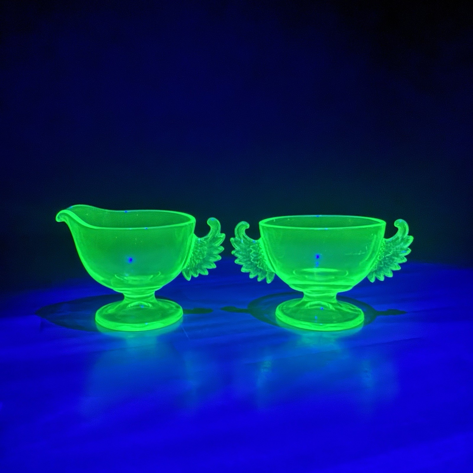 Antique Westmoreland Uranium Depression Glass Winged Sugar & Creamer 1920s GLOWS