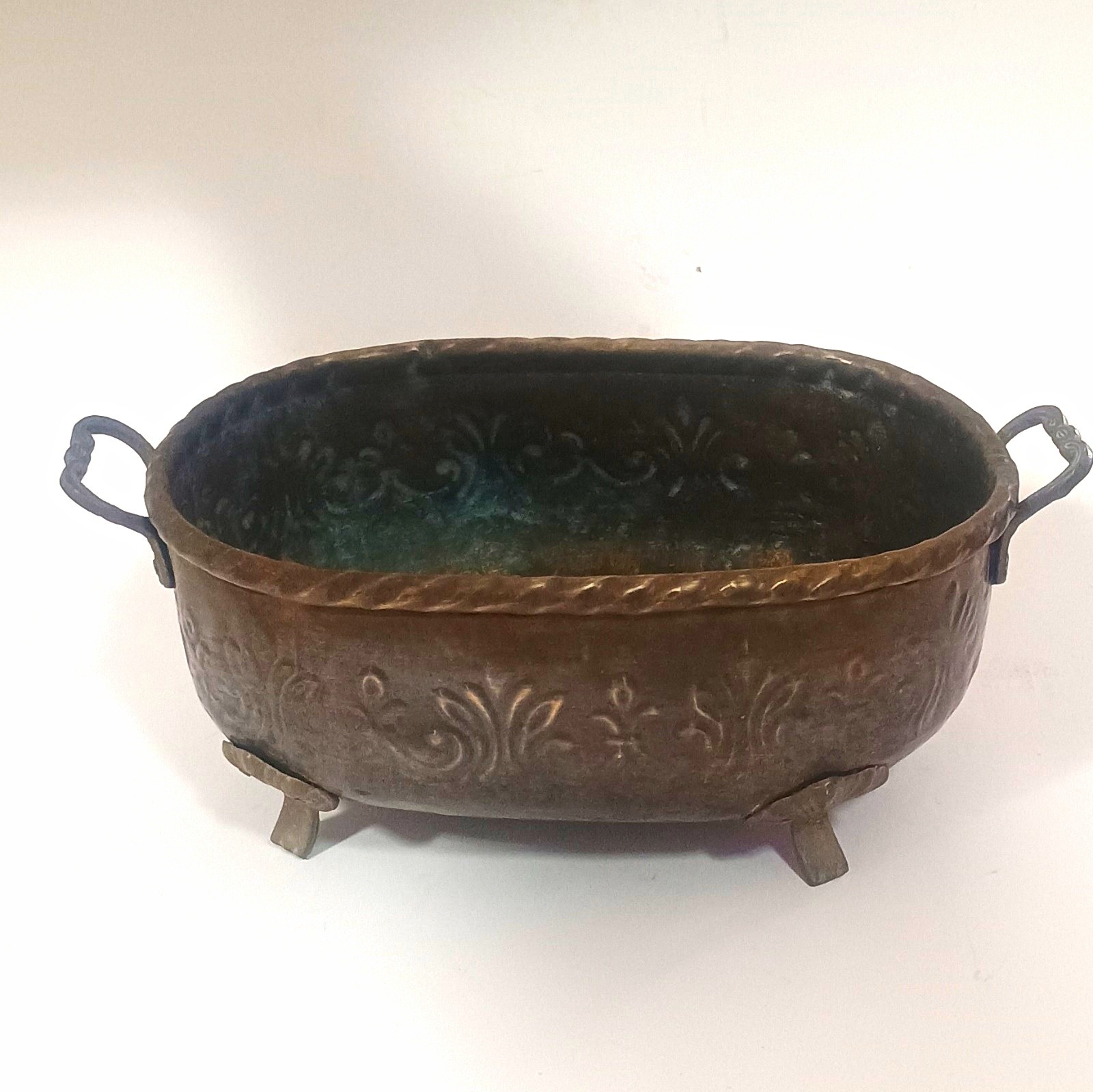 Oval Brass Metal Cache-Pot  w/ Handles and feet Embossed Floral 10\