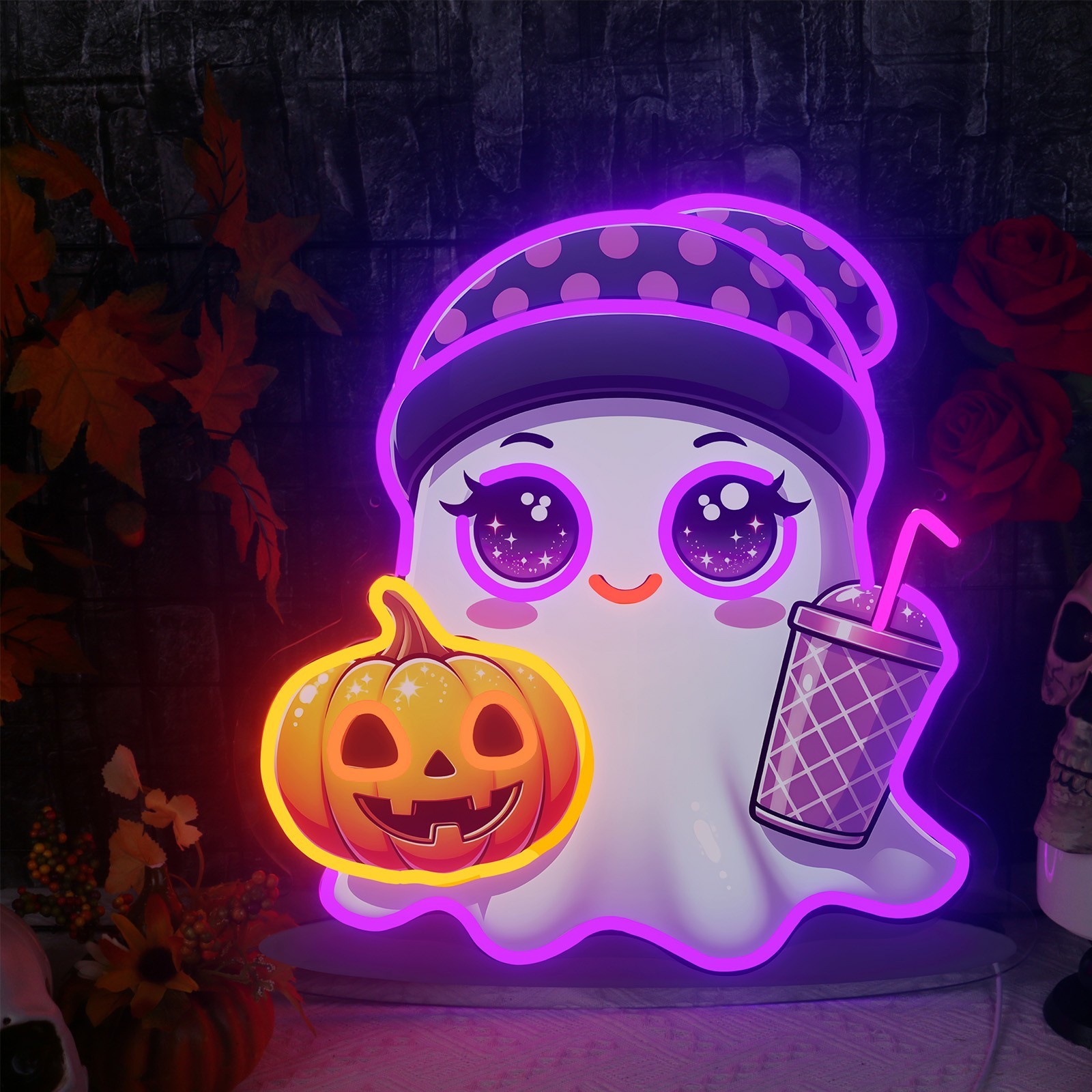 Cute Ghost Pumpkin Neon Sign USB LED Neon Light Wall Decor for Halloween Party