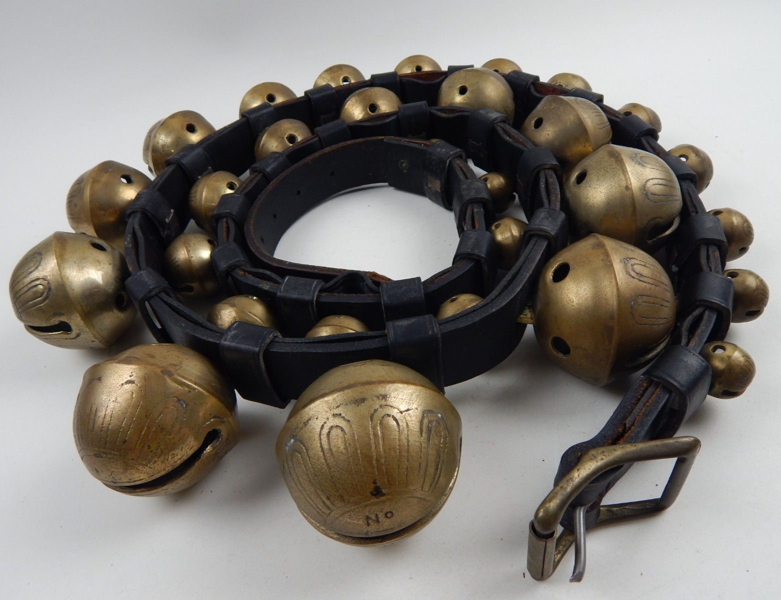 Antique 29 Graduated Sleigh Harness Bells #1-#15-#1 on 85” Long Leather Strap