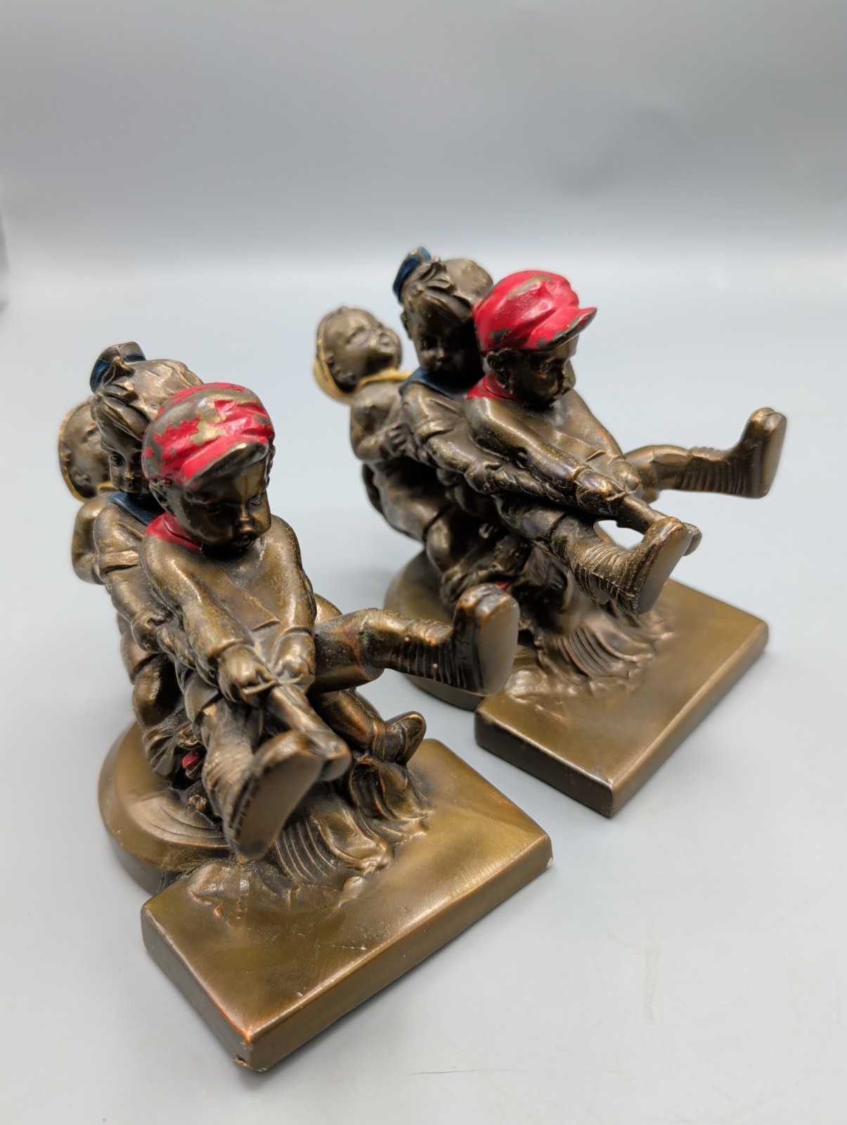 Antique Pair Kronheim Oldenbusch  Pm Craftsman Kids Children Tug Of War Bookends